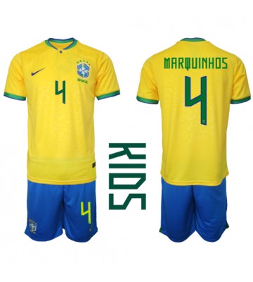 Brazil Marquinhos #4 Replica Home Stadium Kit for Kids World Cup 2022 Short Sleeve (+ pants)